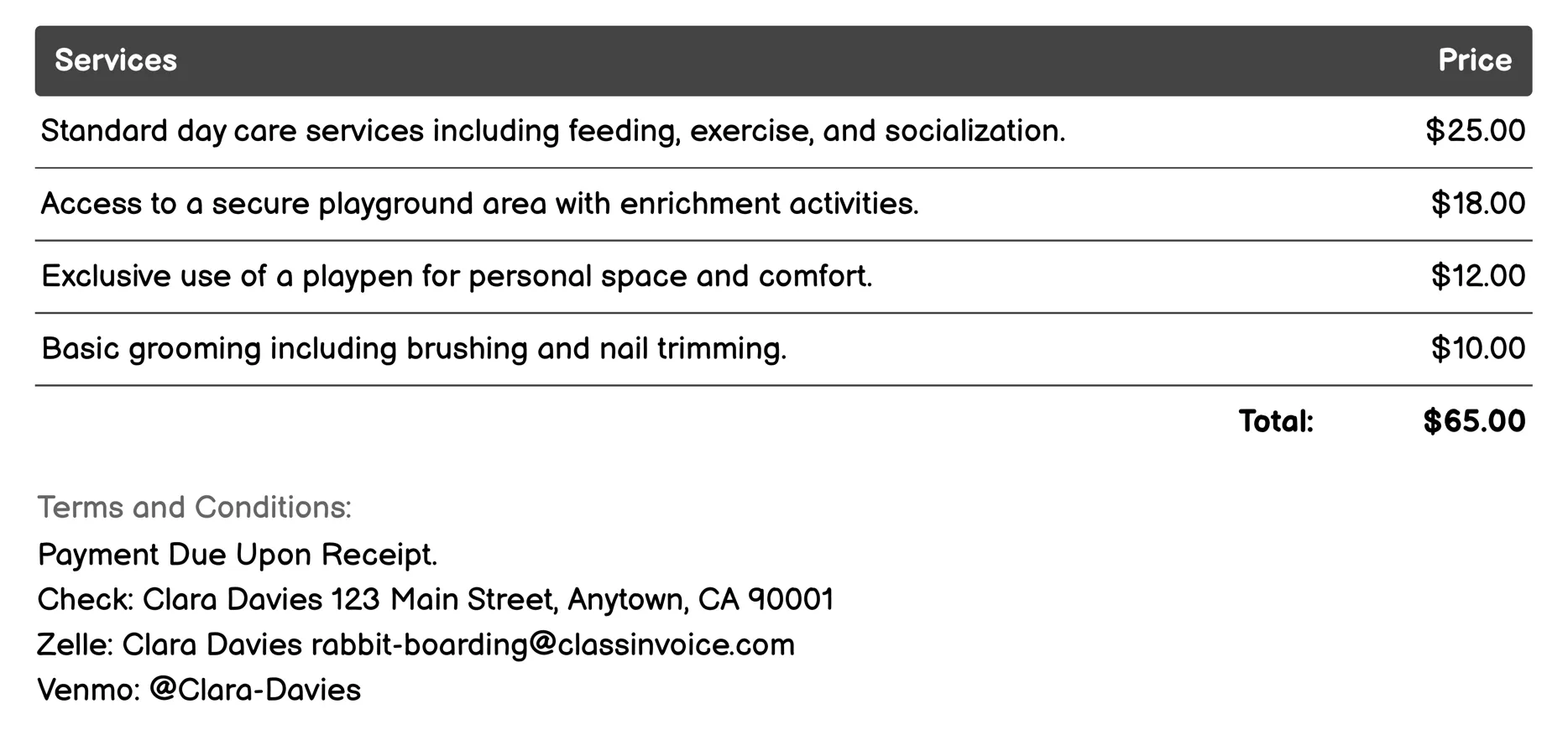 Day Care for Rabbits Invoice Example
