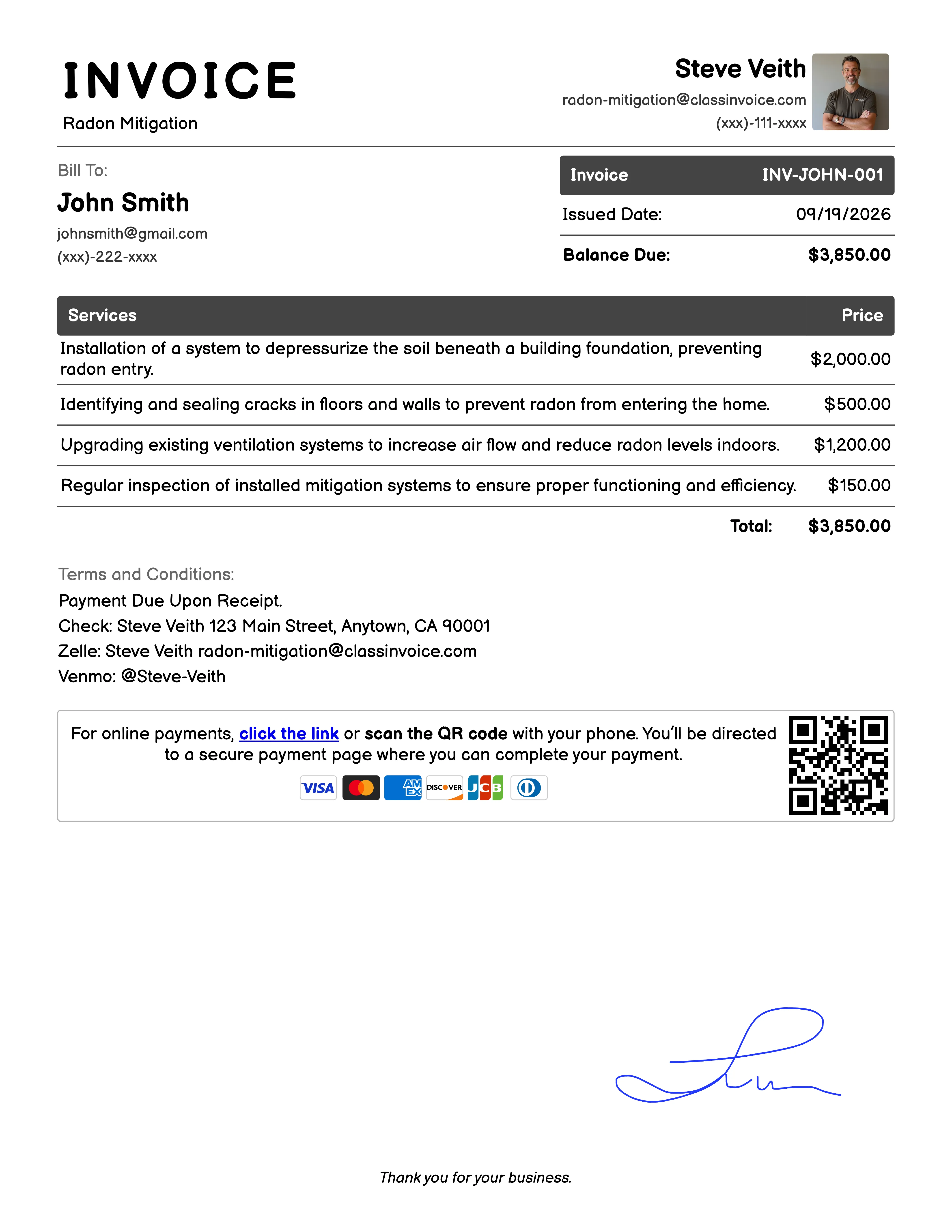 Radon Mitigation Invoice Example