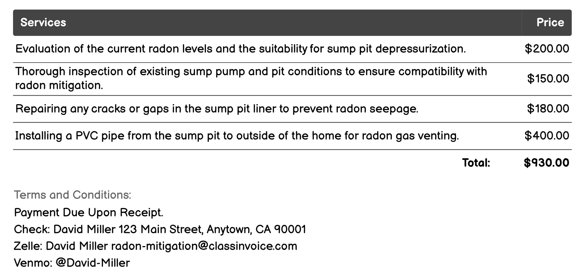 Sump Pit Depressurization Invoice Example
