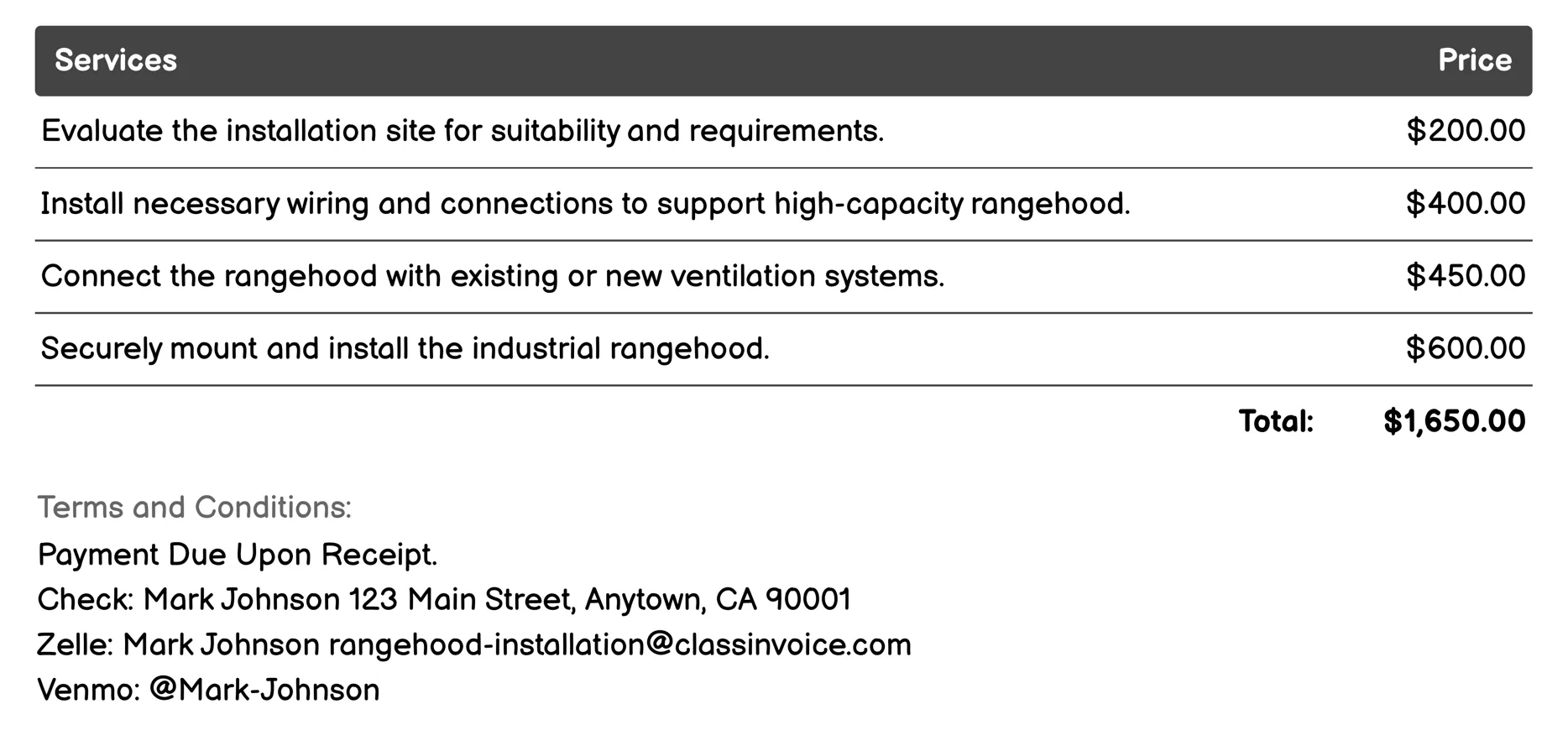 High-Capacity Industrial Rangehood Installation Invoice Example