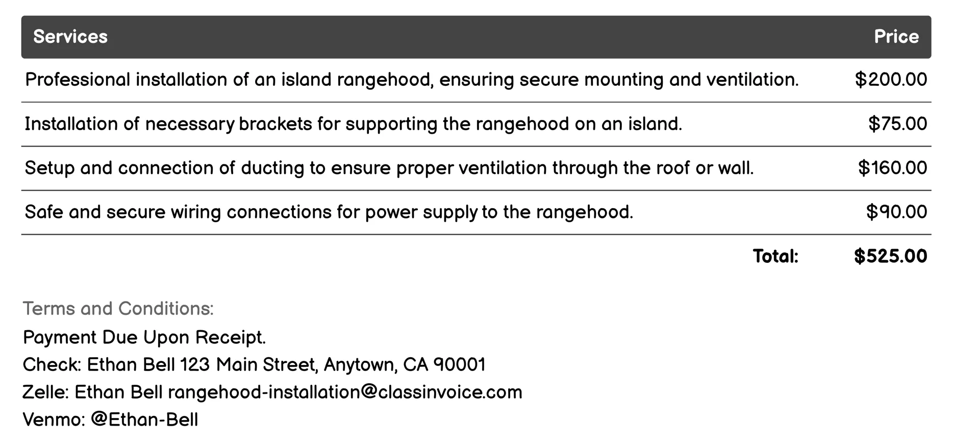 Island Rangehood Installation Invoice Example
