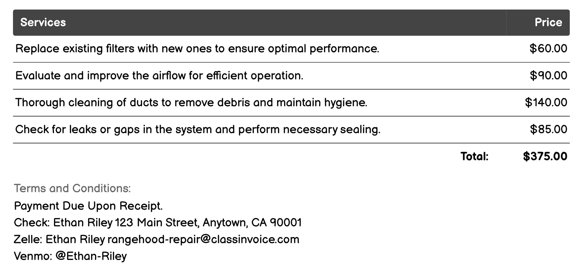 Filtration System Maintenance Invoice Example