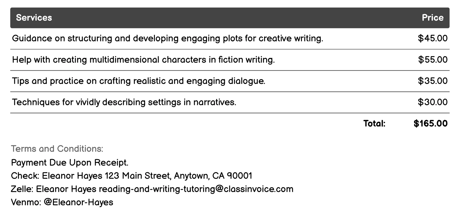 Creative Writing Classes Invoice Example