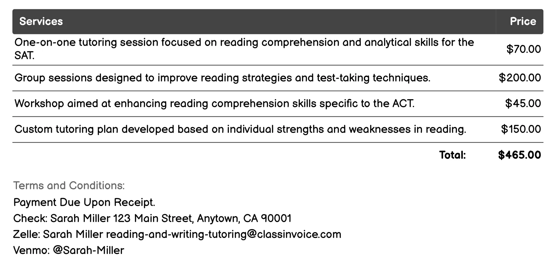 SAT/ACT Reading Prep Invoice Example