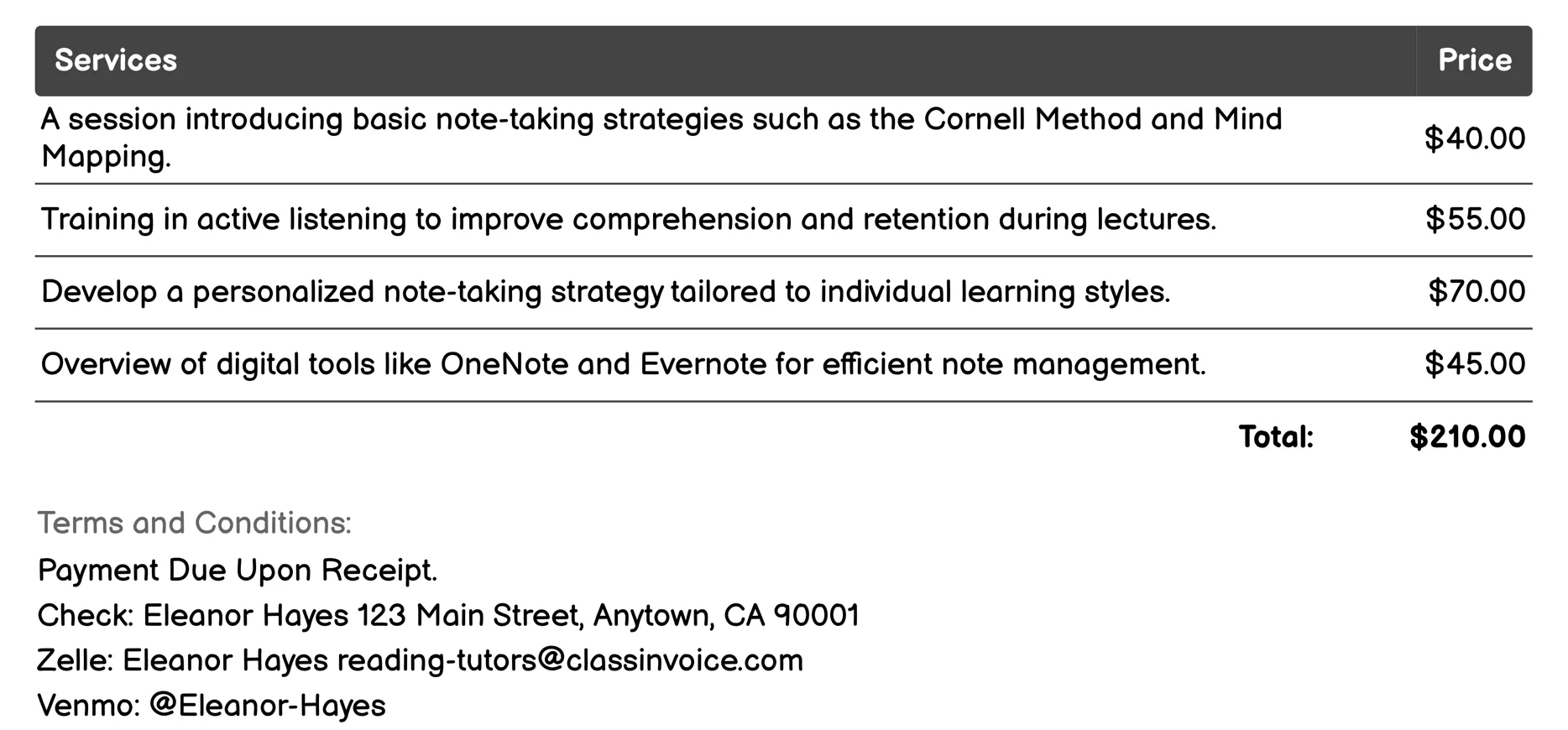 Note-Taking Strategies Invoice Example