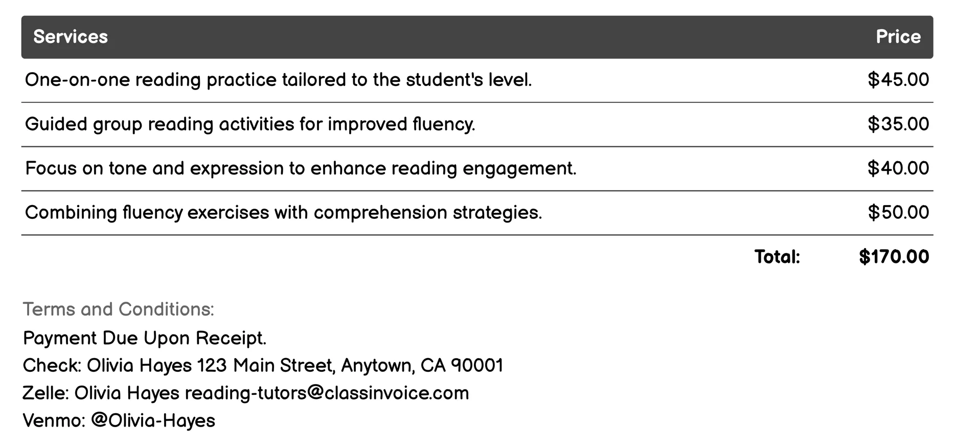 Reading Fluency Practice Invoice Example