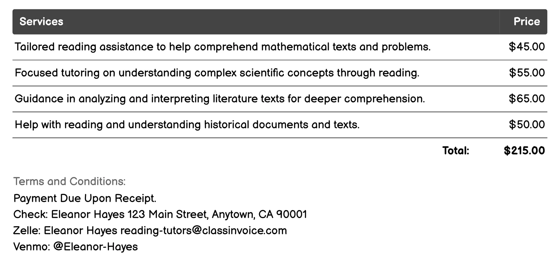 Subject-Specific Reading Assistance Invoice Example