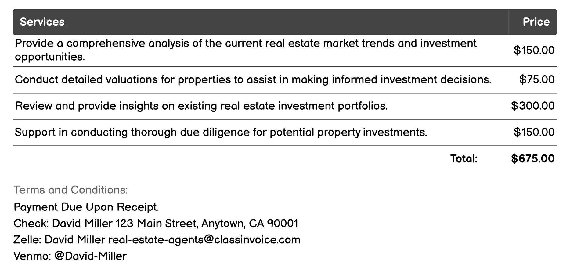 Real Estate Investment Advisor Invoice Example