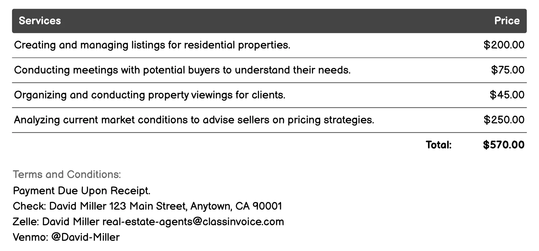 Residential Real Estate Agent Invoice Example