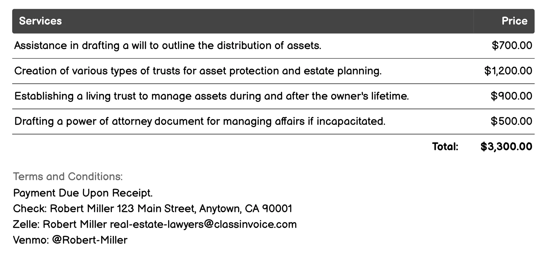Estate Planning Invoice Example
