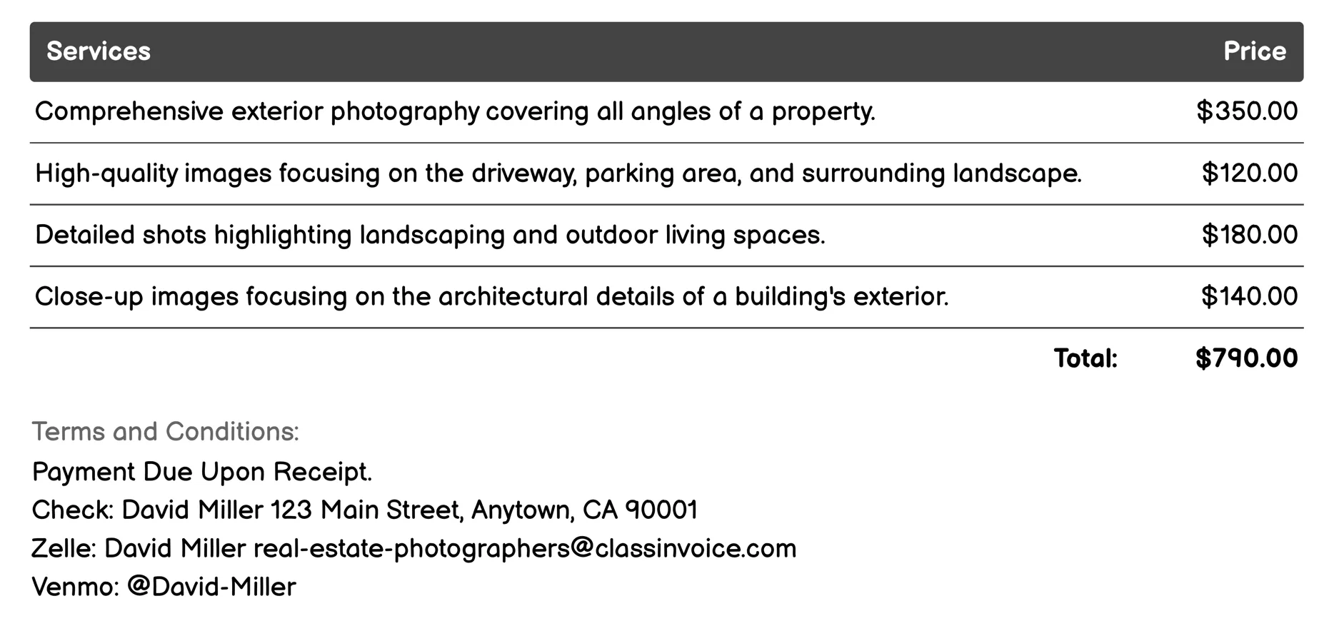 Exterior Photography Invoice Example