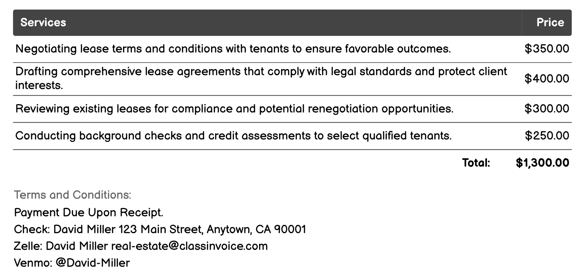 Leasing Services Invoice Example