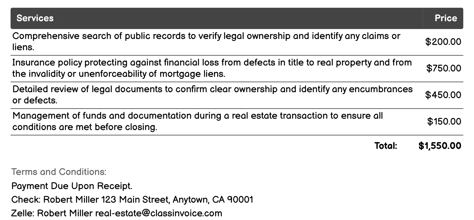 Title Services Invoice Example