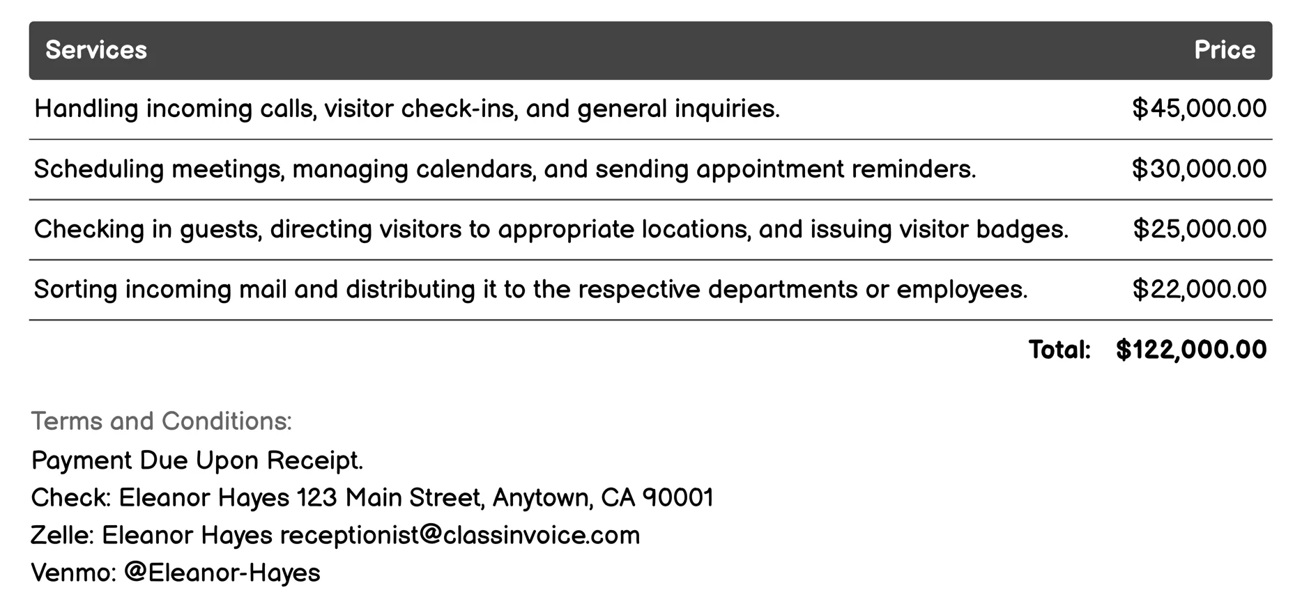 Corporate Receptionist Invoice Example