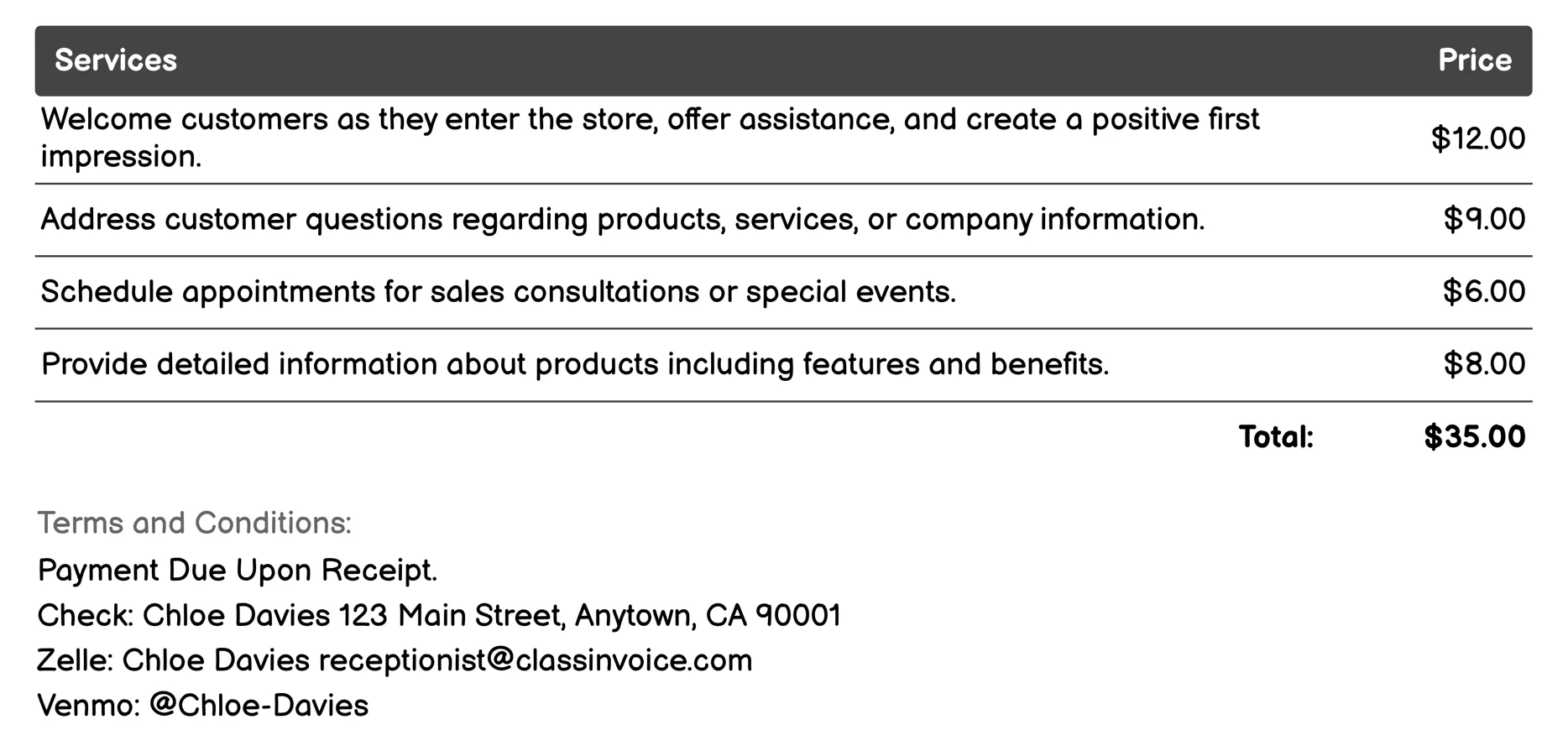 Retail Customer Service Representative Invoice Example