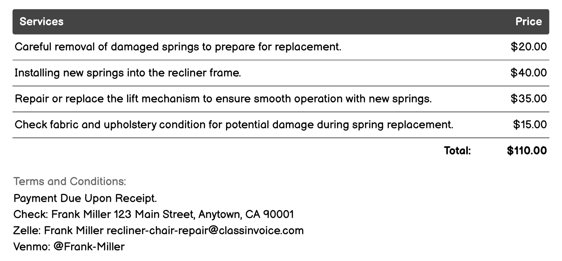 Spring Replacement Invoice Example