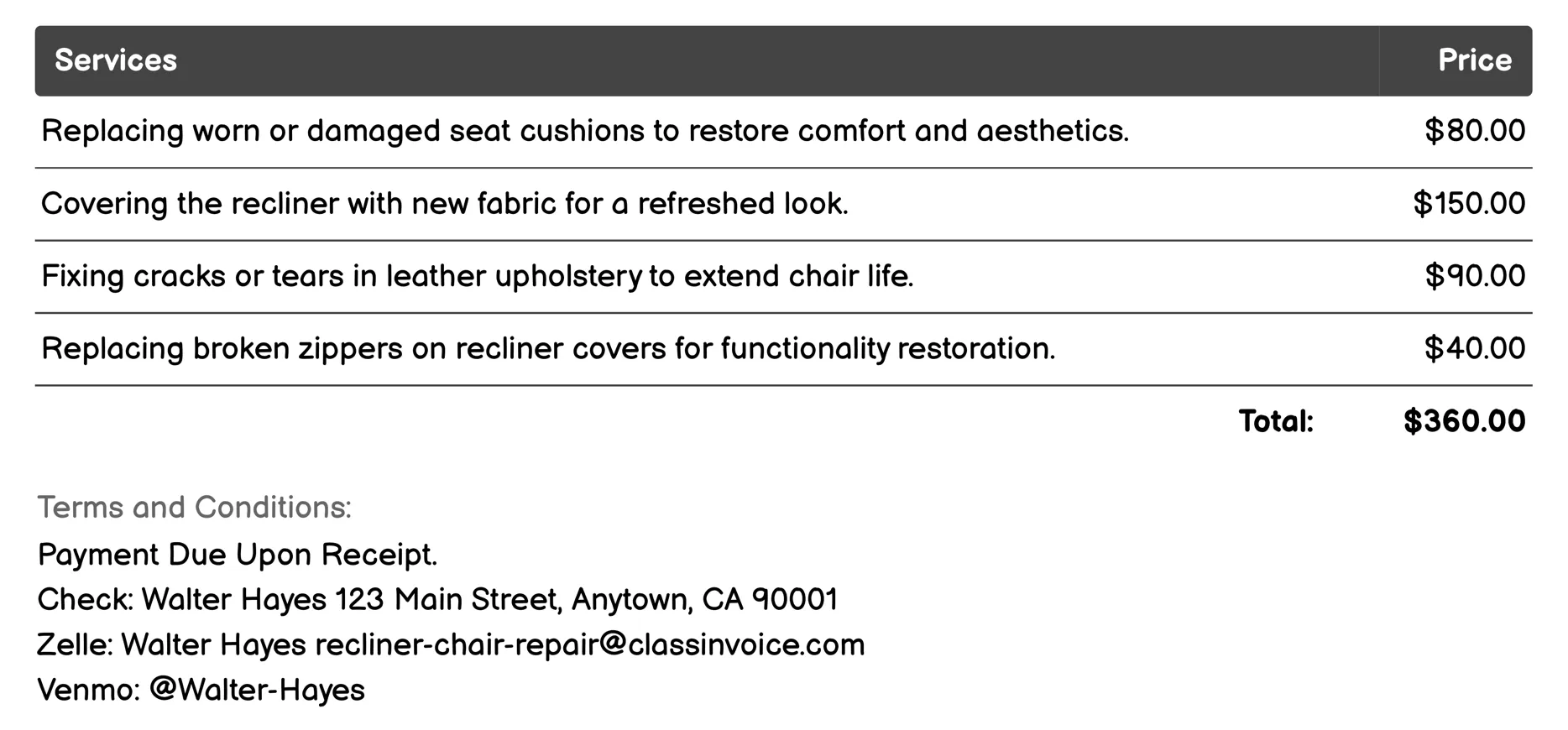 Upholstery Repair Invoice Example