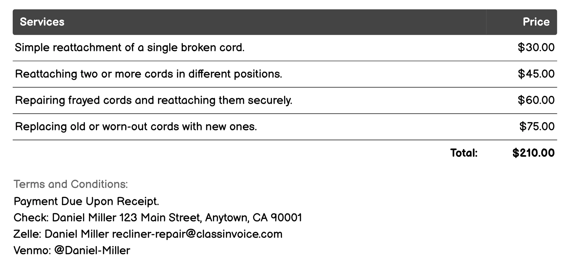 Cord Repair and Reattachment Invoice Example