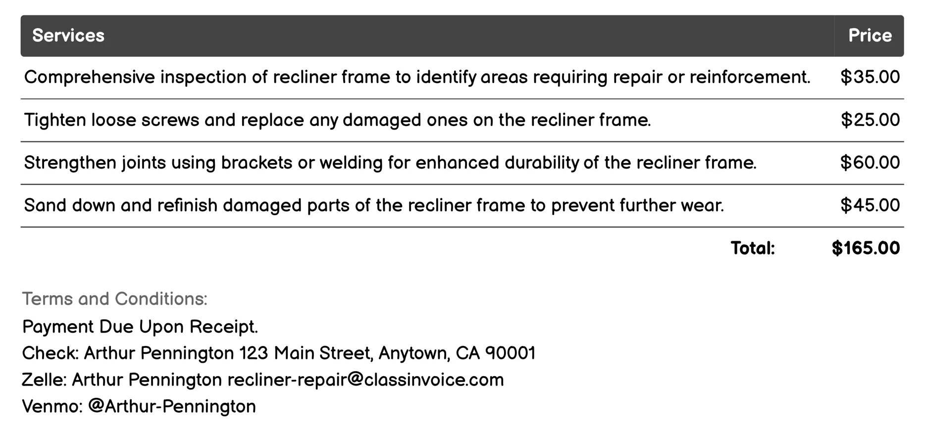 Frame Repair and Reinforcement Invoice Example