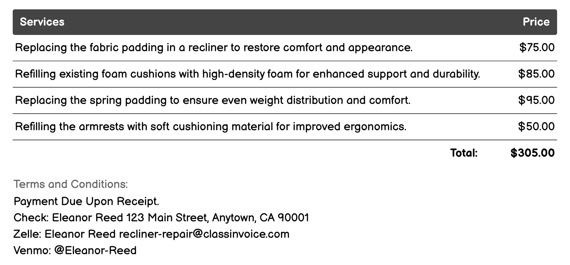 Padding Replacement or Refilling Invoice Example