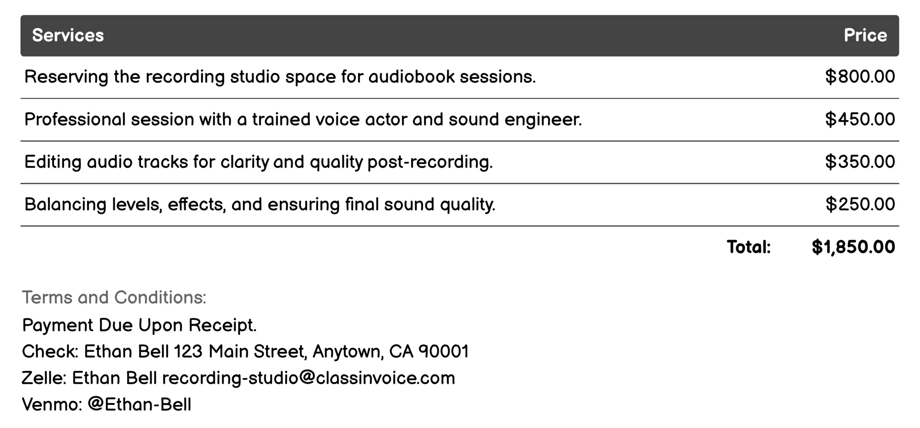 Audiobook Recording Invoice Example