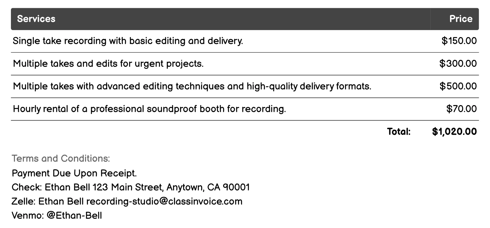 Voiceover Recording Invoice Example