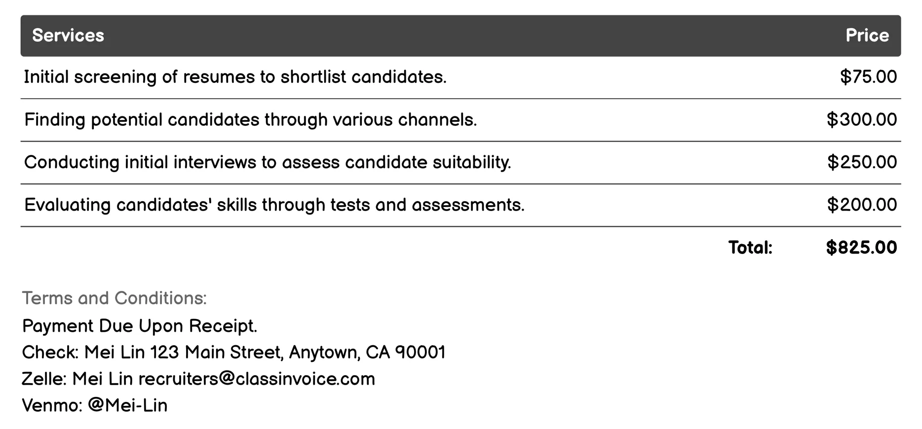 Contract-to-Hire Placement Invoice Example