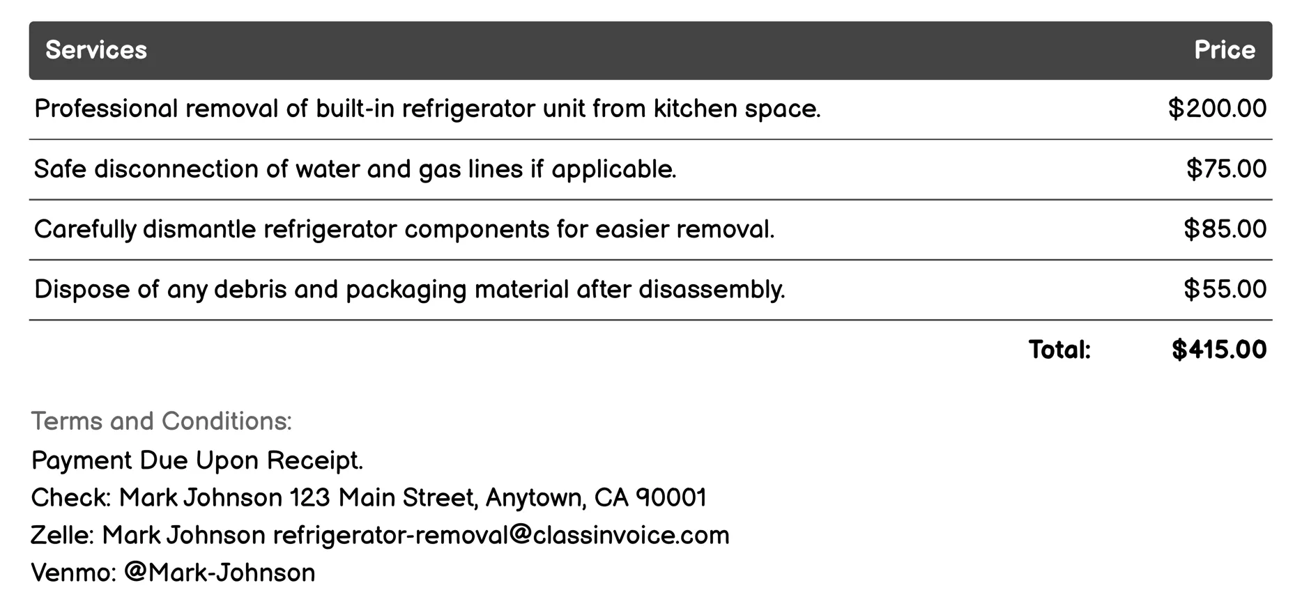 Built-In Refrigerator Removal Invoice Example