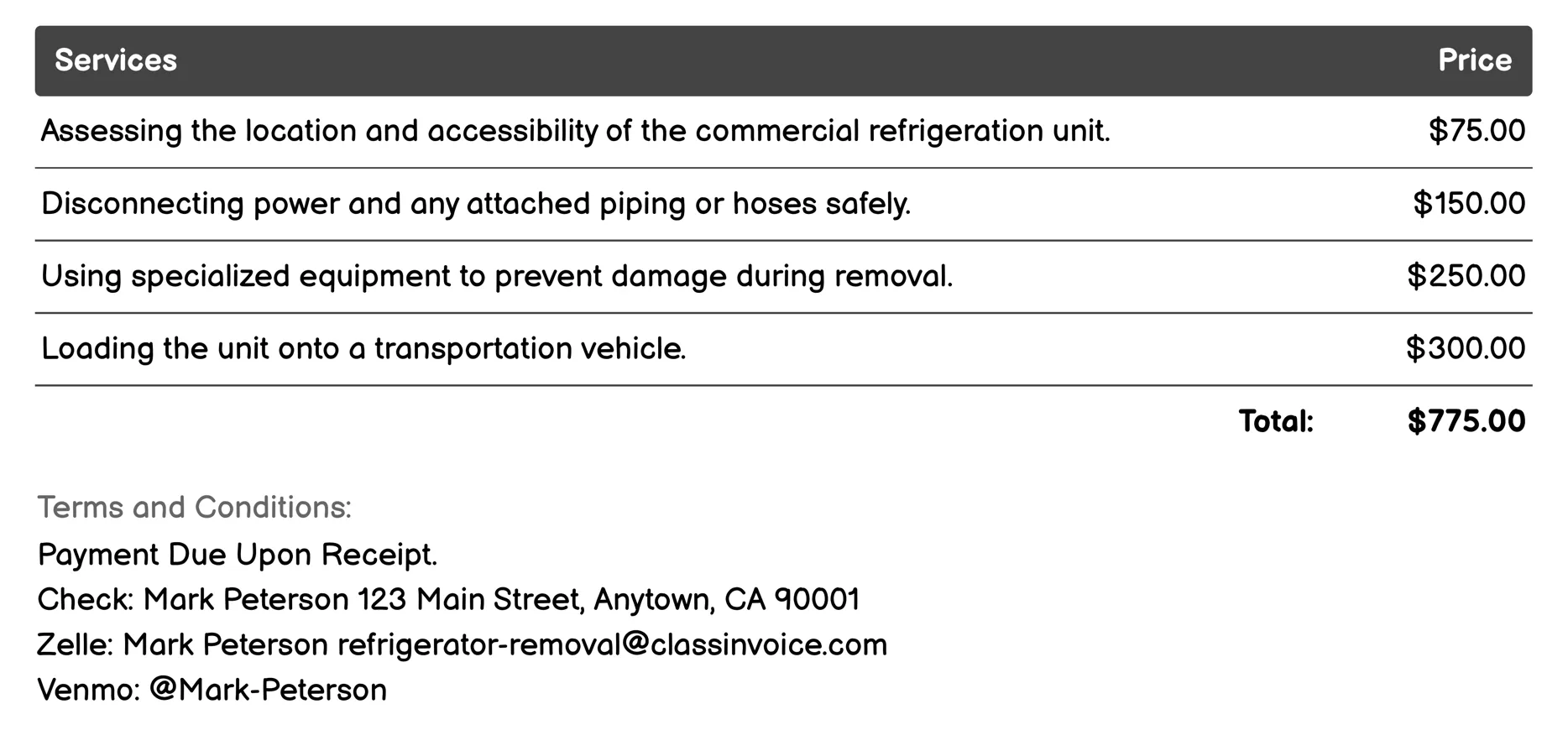 Commercial Refrigeration Unit Removal Invoice Example