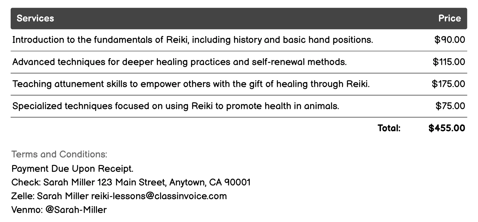 Specialized Reiki Courses Invoice Example