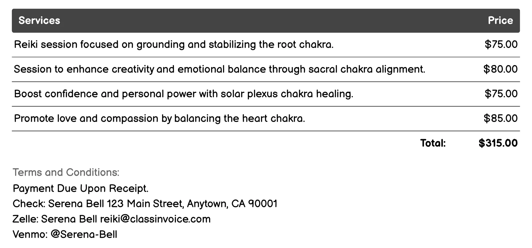Chakra Balancing Invoice Example