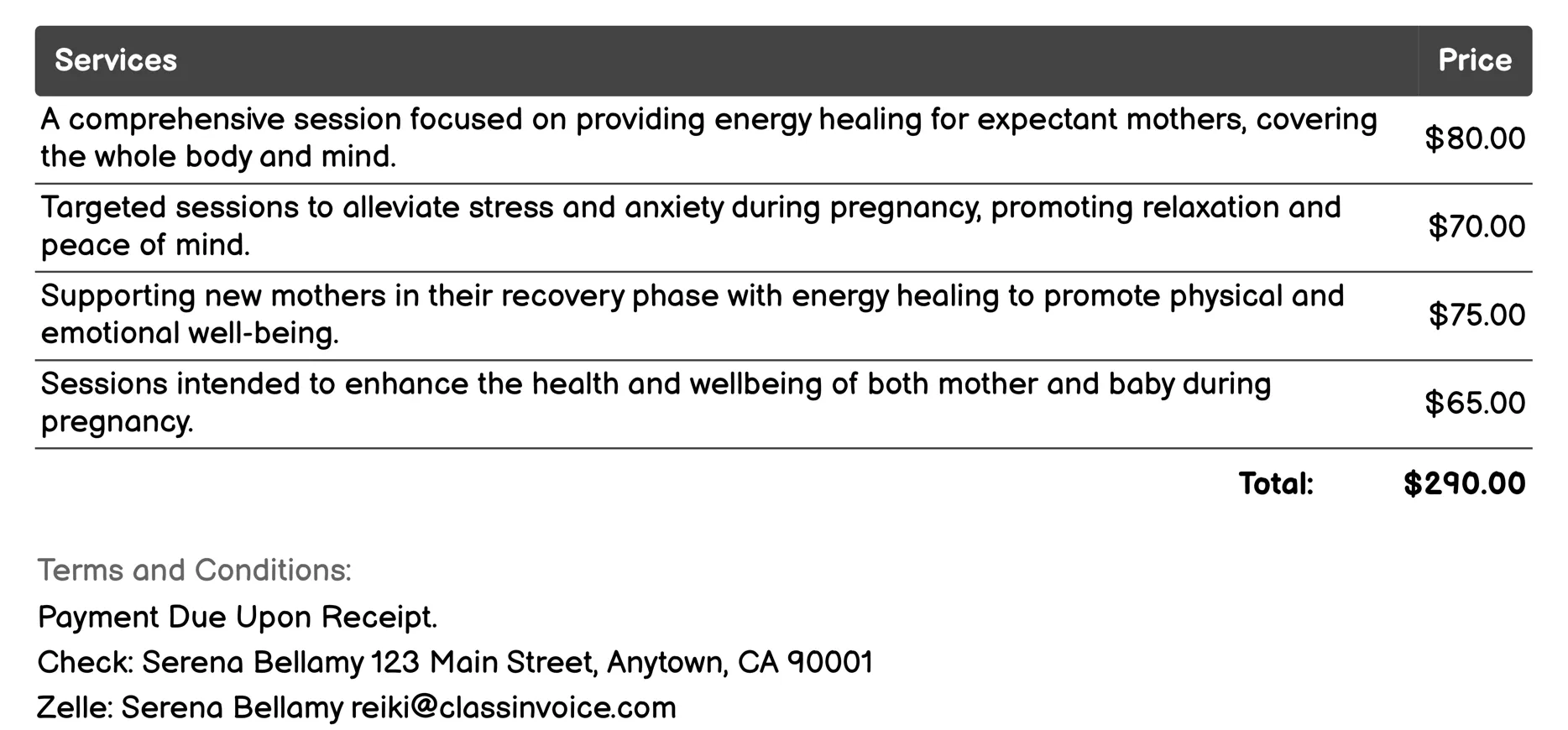 Maternity Reiki Invoice Example