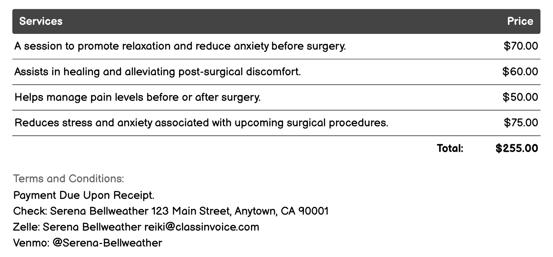 Pre-Post Surgery Healing Invoice Example
