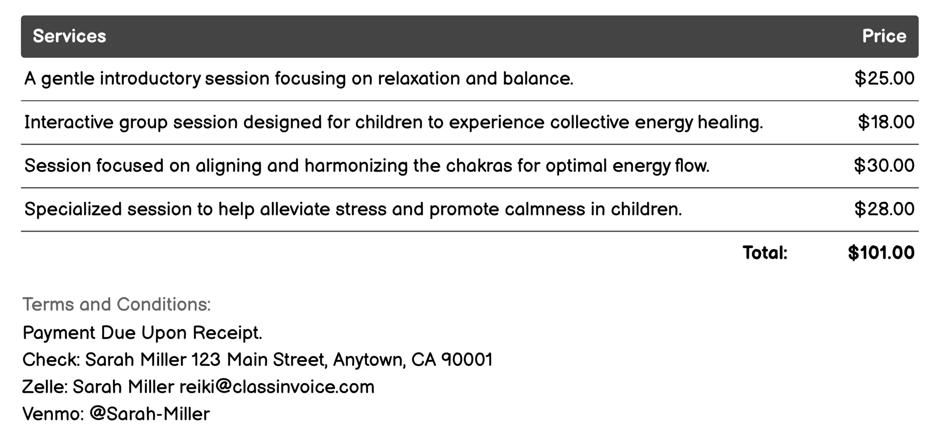 Reiki for Children Invoice Example