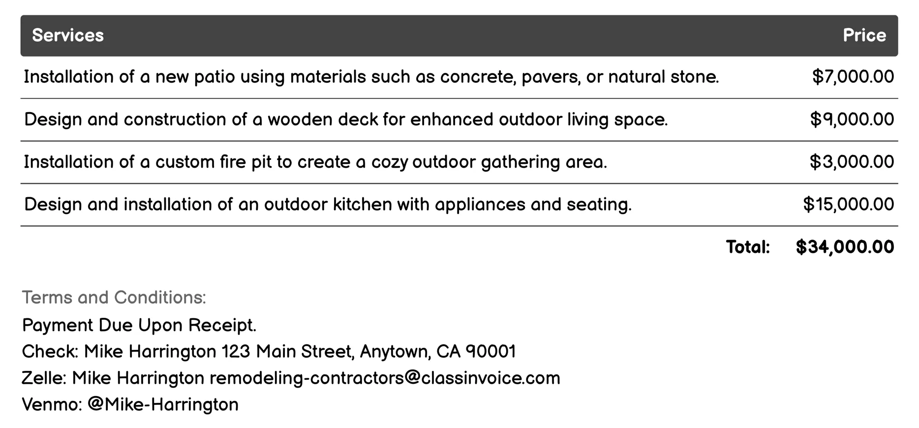 Outdoor Living Space Design Invoice Example