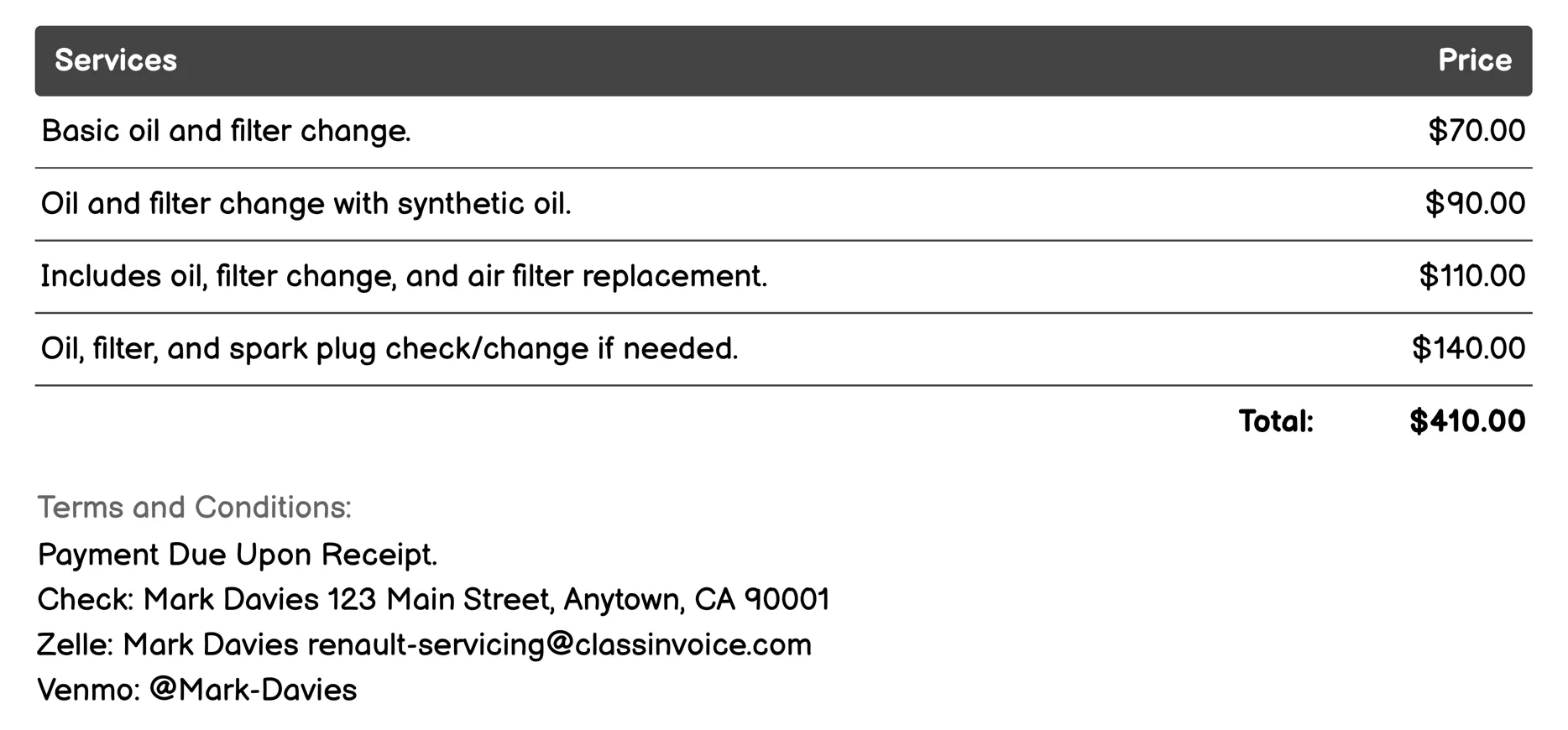 Oil Change Invoice Example