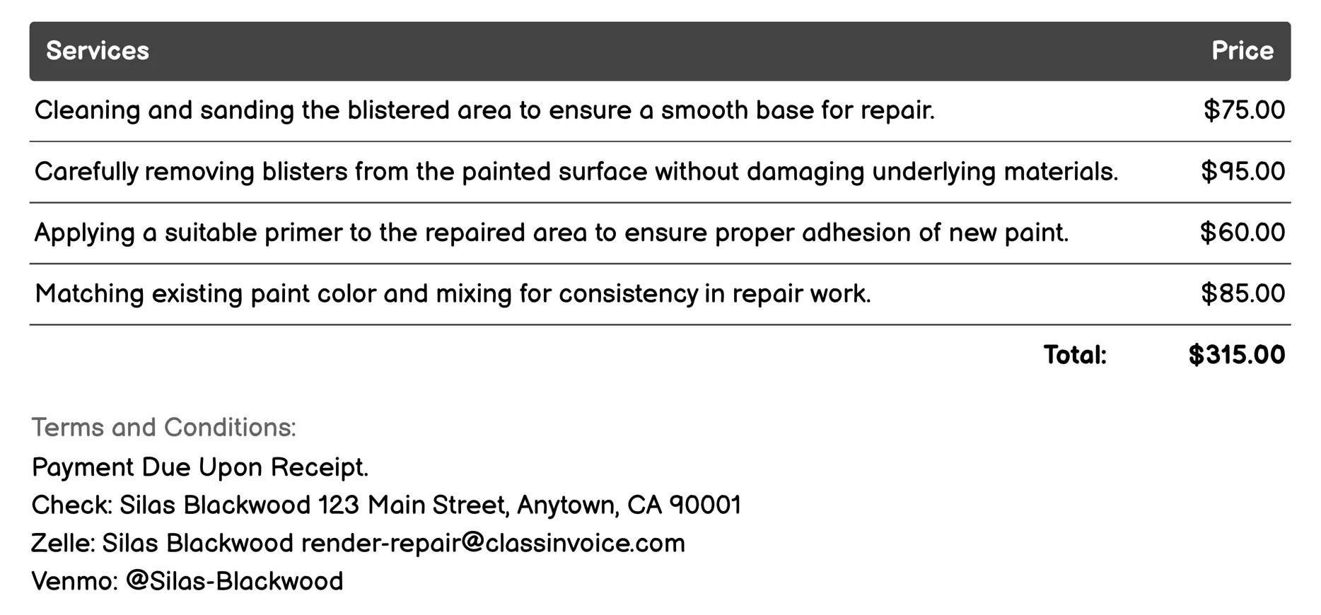 Paint Blister Repair Invoice Example