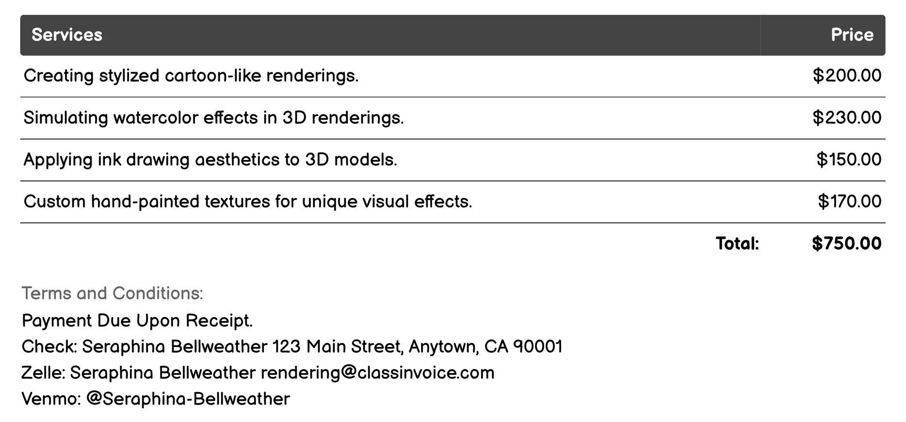 Non-photorealistic Rendering Invoice Example