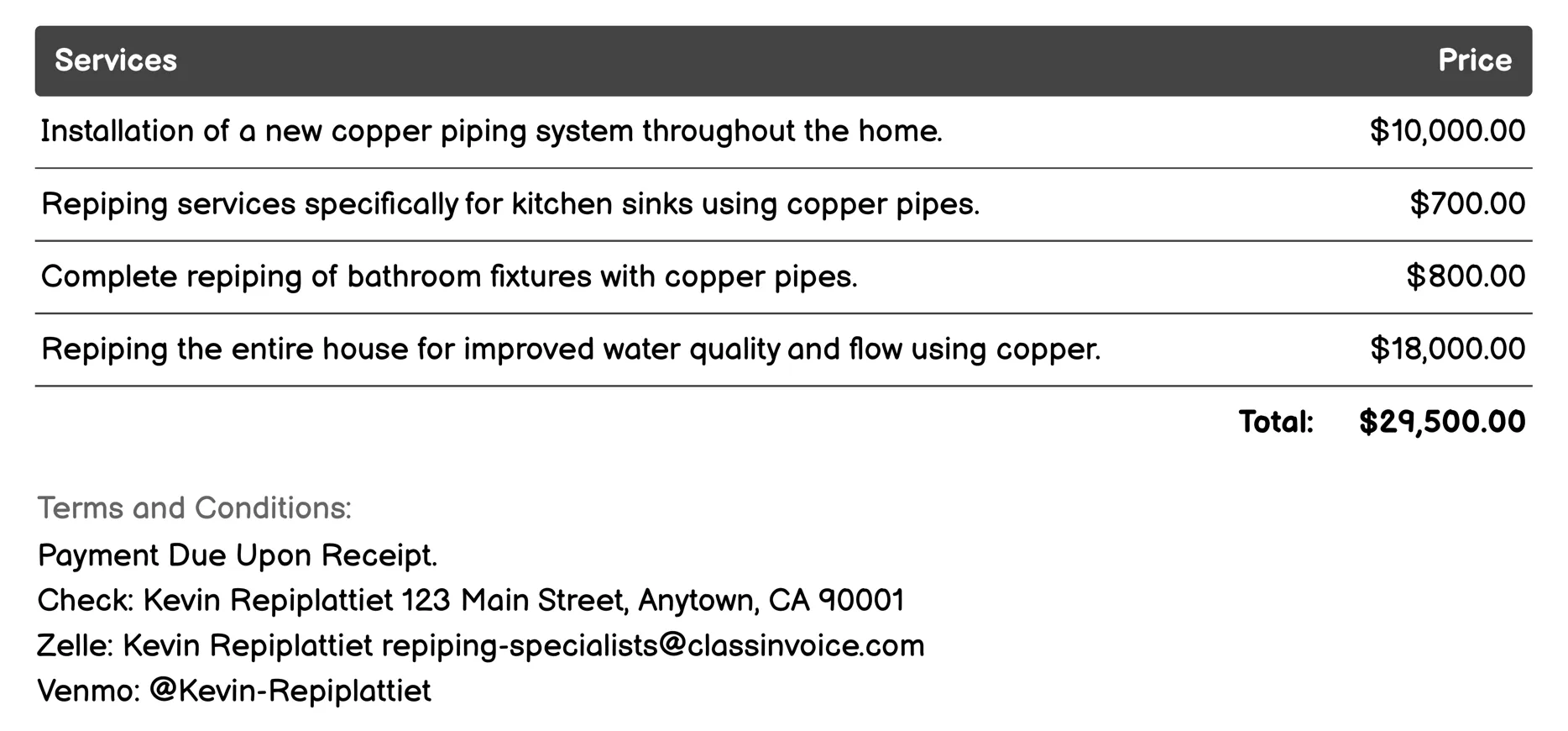Copper Repiping Invoice Example