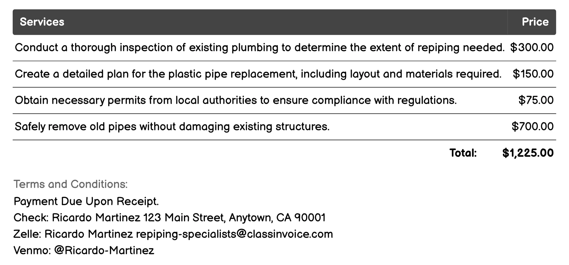 Plastic Pipe Replacement Invoice Example