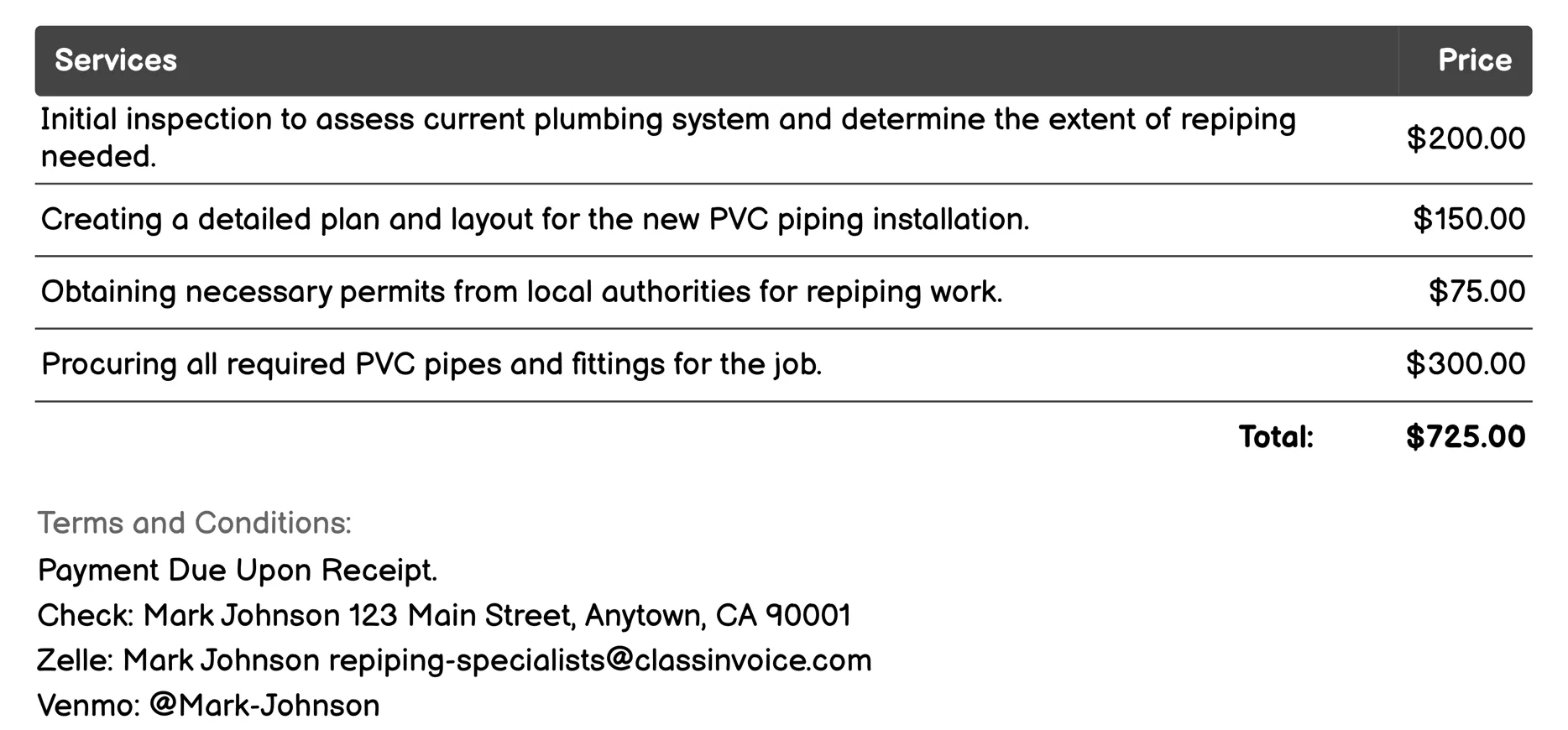 PVC Repiping Invoice Example