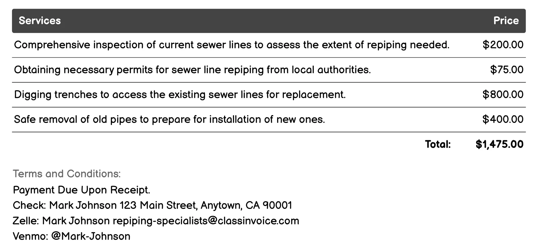 Sewer Line Repiping Invoice Example
