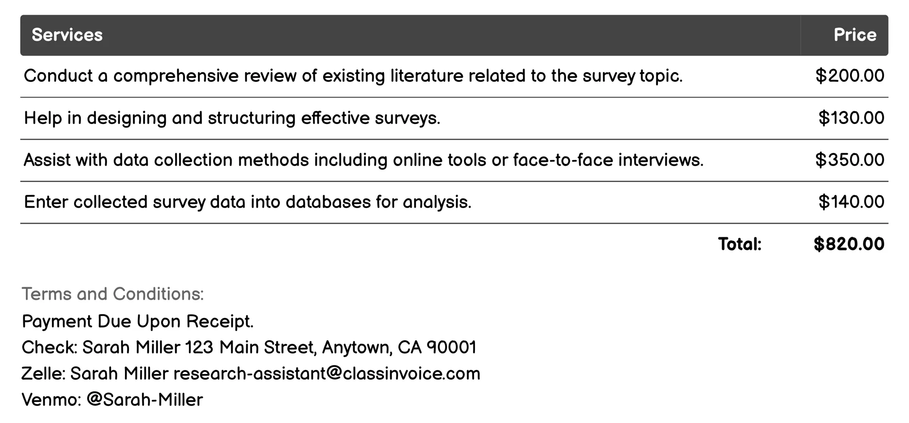 Survey Research Assistant Invoice Example