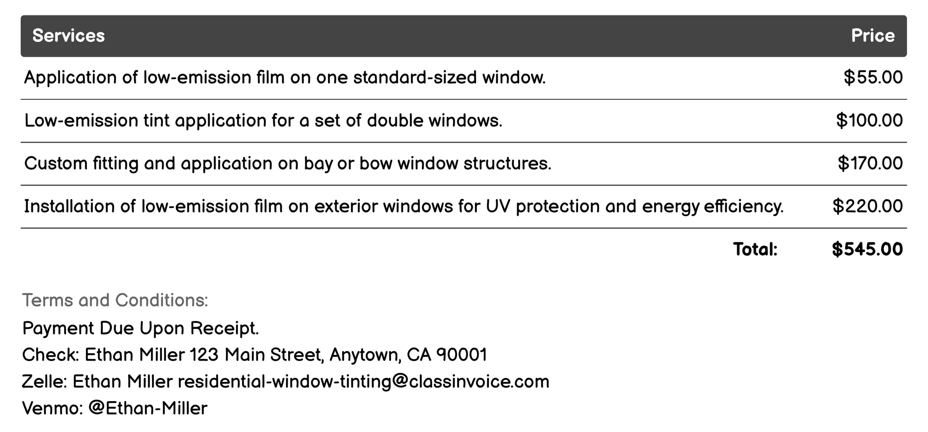 Low-Emission Film Invoice Example