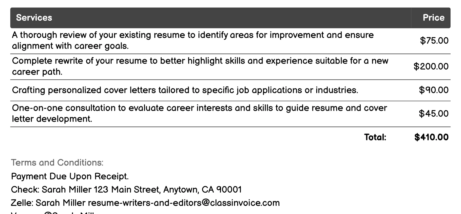 Career Transition Assistance Invoice Example