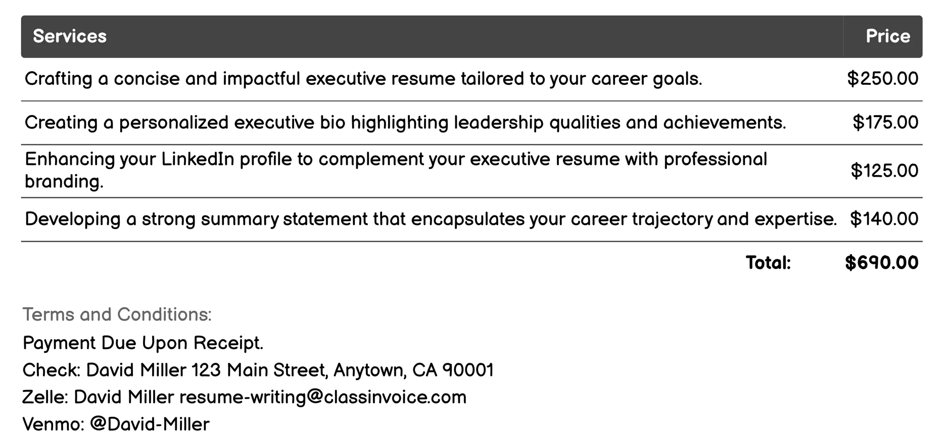 Executive Resume Writing Invoice Example