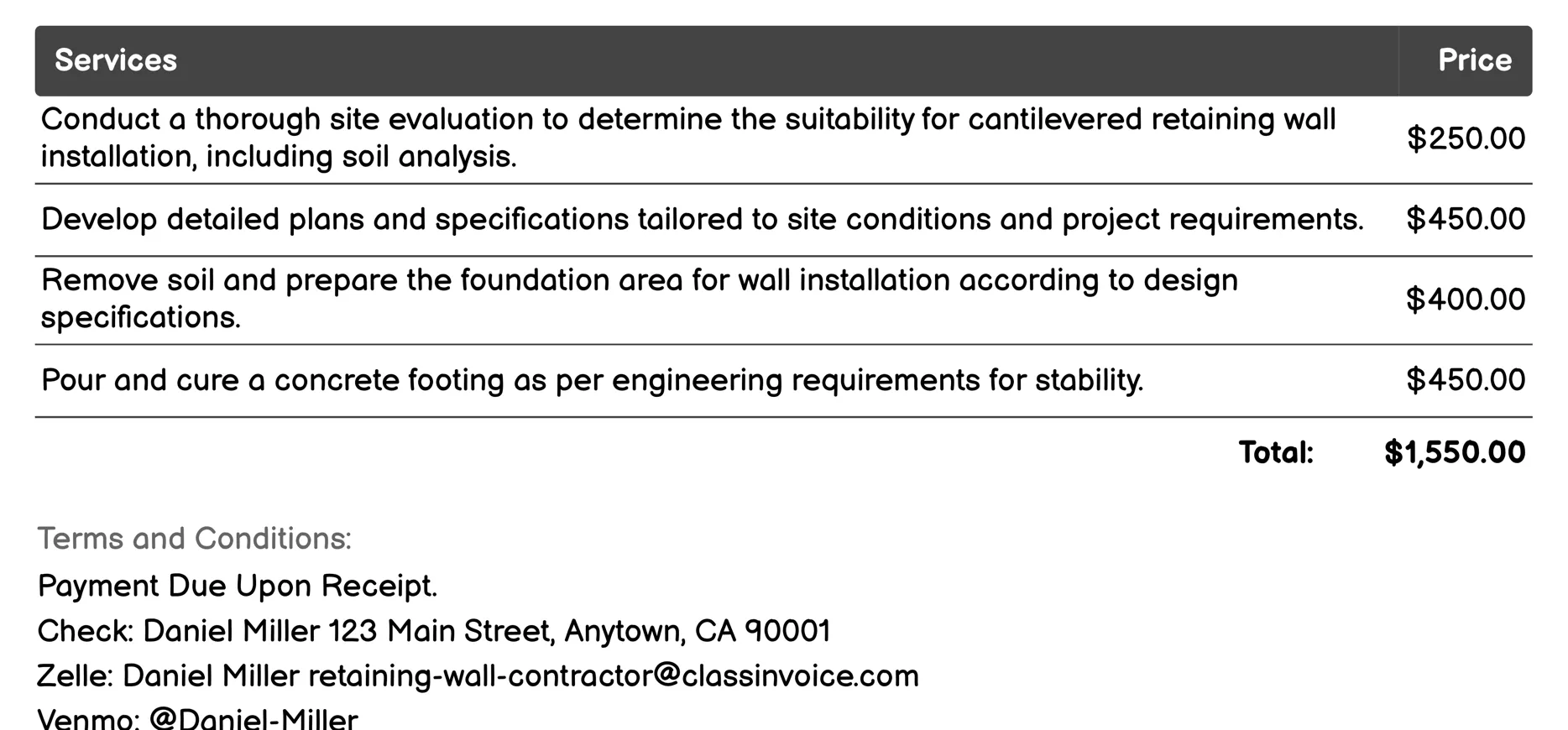 Cantilevered Retaining Walls Installation Invoice Example