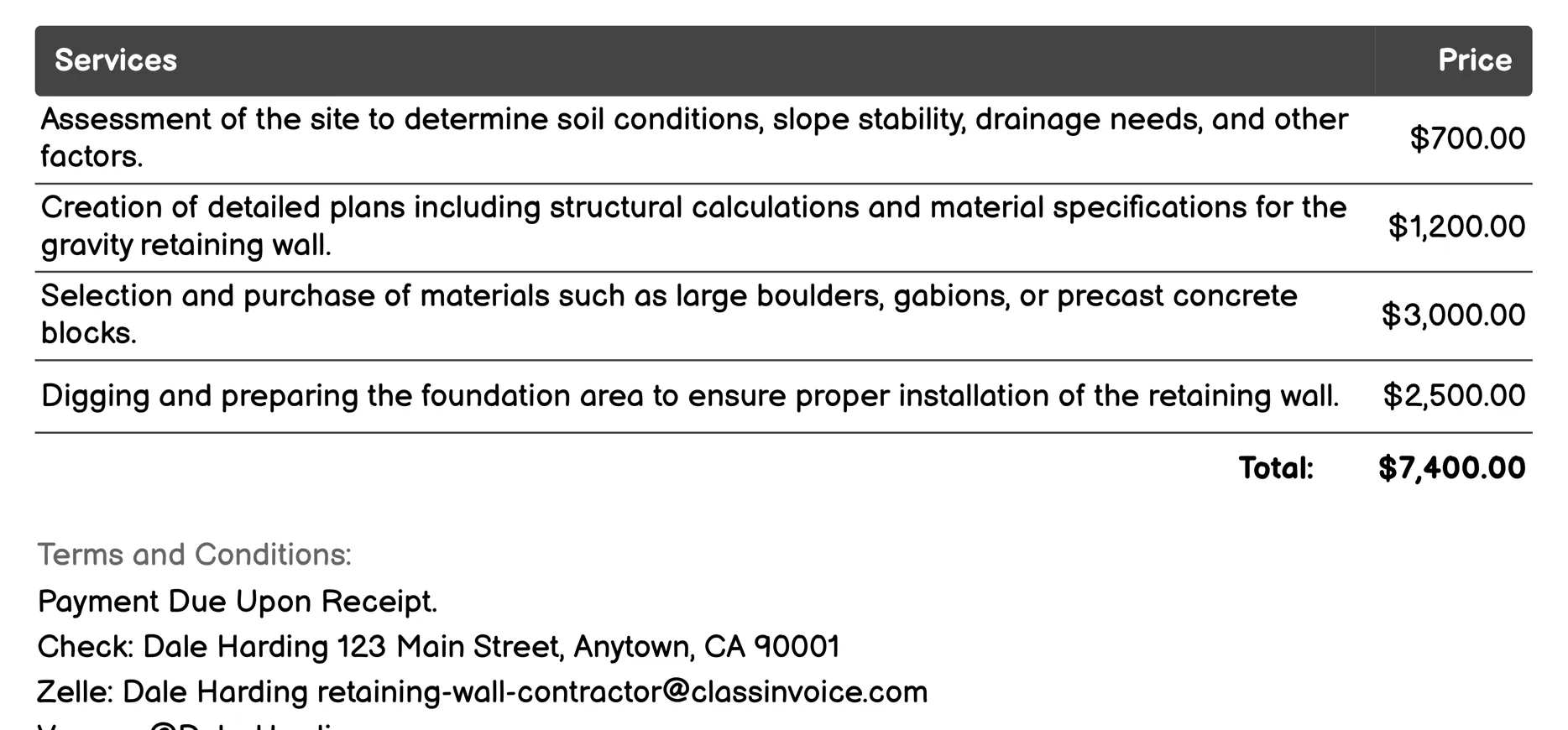 Gravity Retaining Walls Setup Invoice Example
