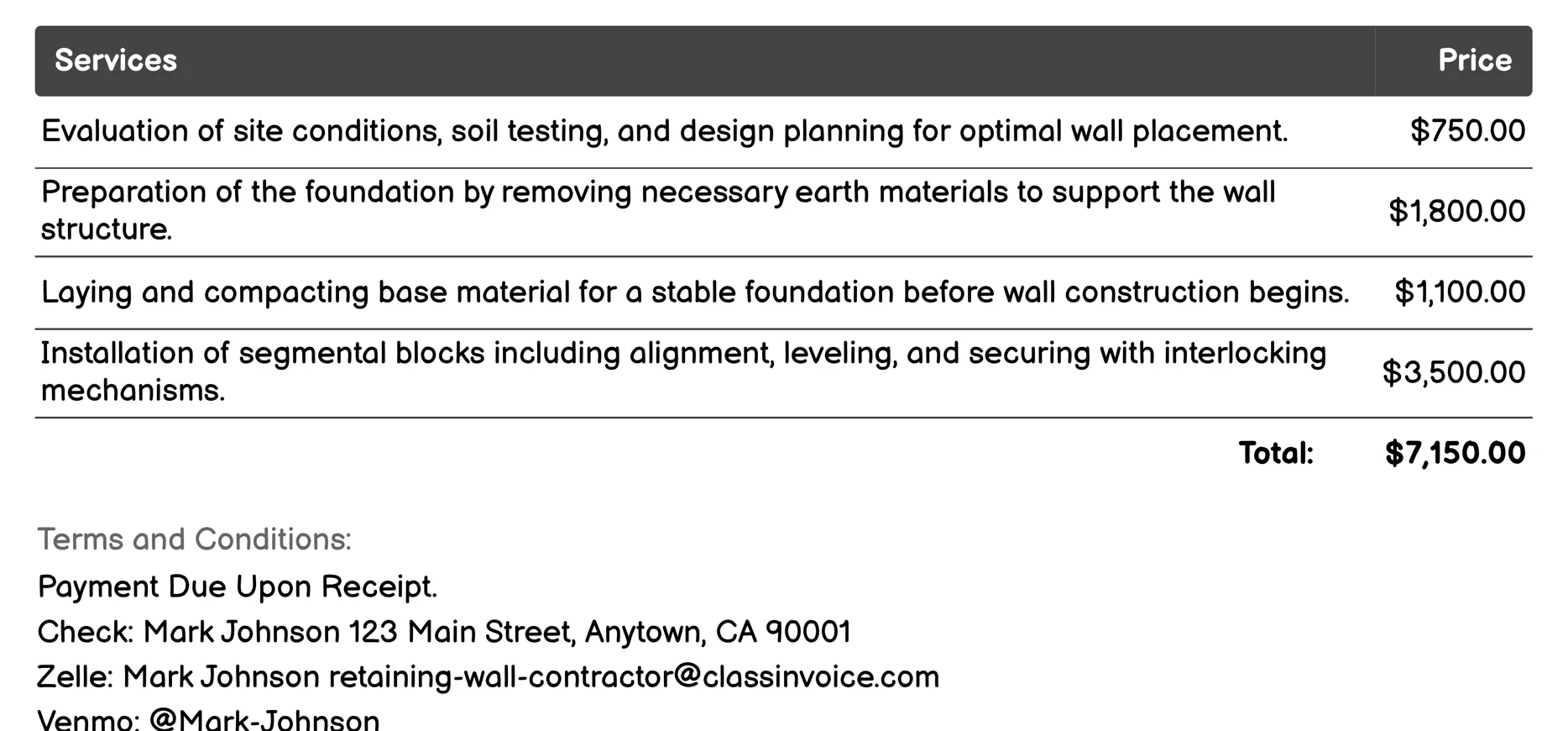 Segmental Retaining Wall Construction Invoice Example