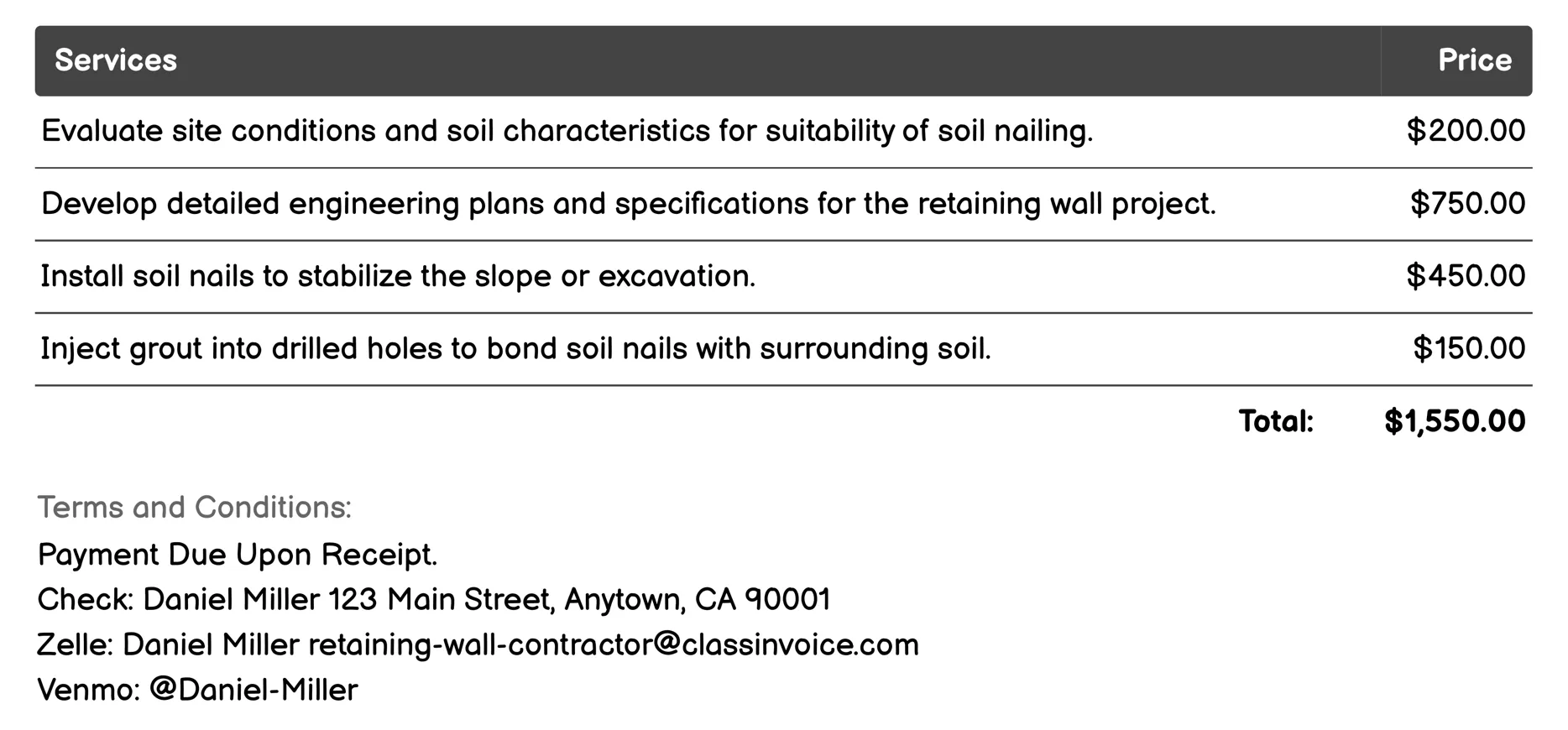 Soil Nailing Services Invoice Example